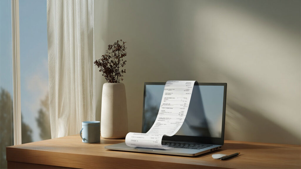 paper receipts on computer